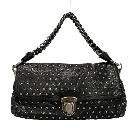 Auth PRADA - BR4344 Black Silver Leather Hardware Handbag - Picture 1 of 16